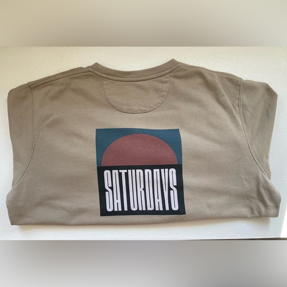 SATURDAYS NYC FRENCH TERRY BOWERY SUN CREW GRAPHIC SWEATSHIRT TAN BOYFRIEND - Picture 3 of 9